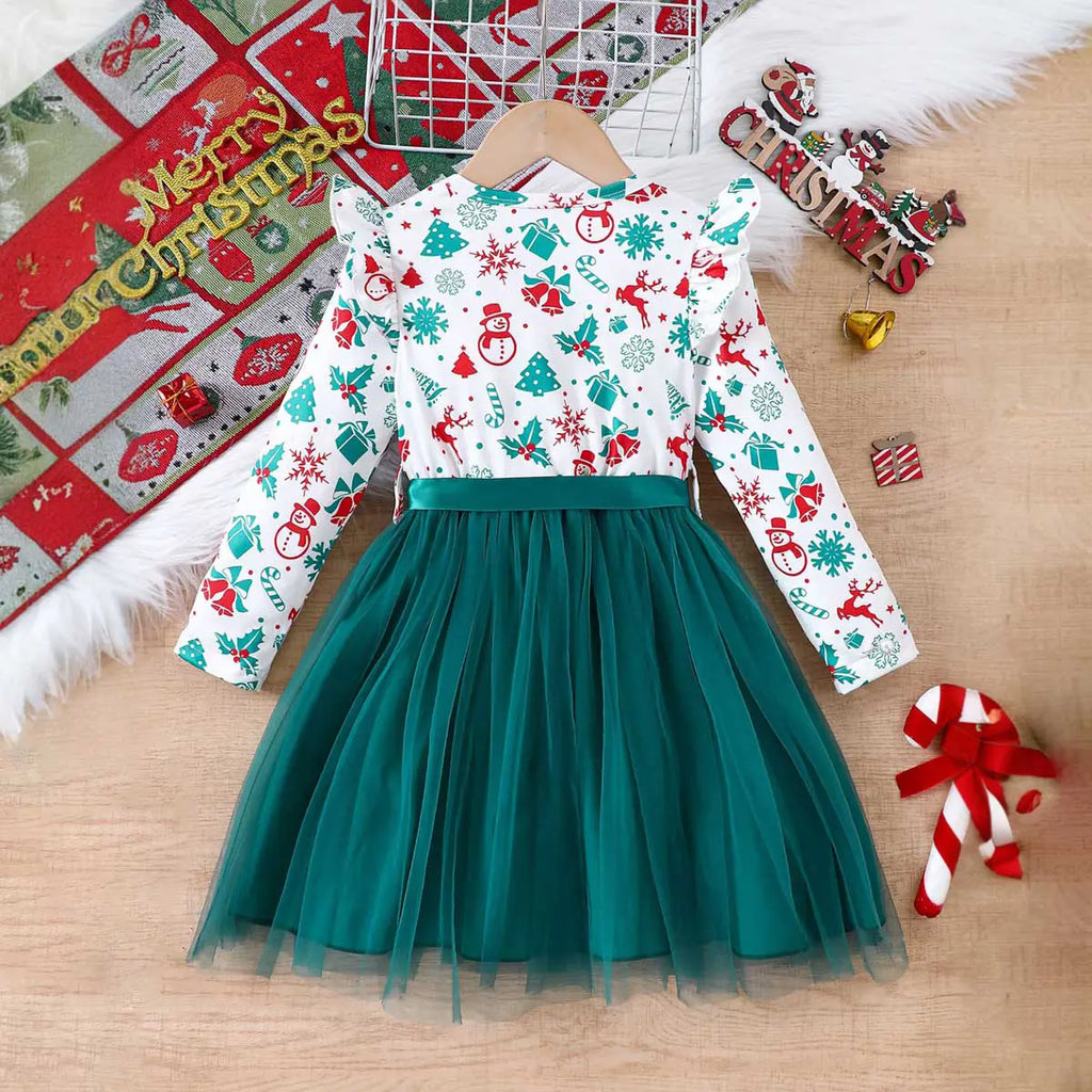 Girls Green Christmas Theme Printed Fit & Flare Dress Casual Dresses