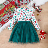 Girls Green Christmas Theme Printed Fit & Flare Dress Casual Dresses