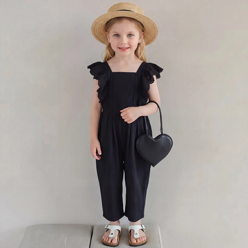Girls Black Schiffli Detail Flutter Sleeve Jumpsuit Jumpsuits Black 1-2 Y