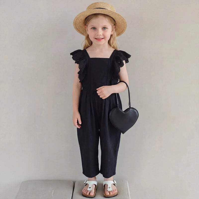 Girls Black Schiffli Detail Flutter Sleeve Jumpsuit Jumpsuits Black 1-2 Y