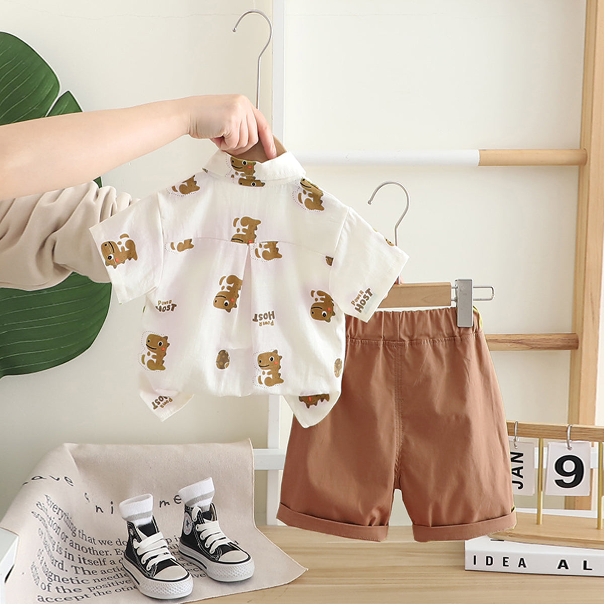Boys Brown Dino Printed Shirt With attached Tie & Shorts Set Sets