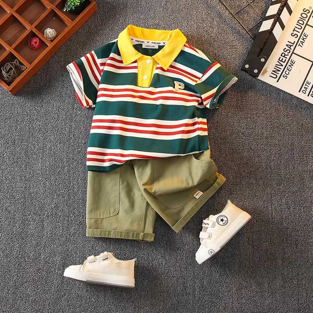 Boys Striped Polo T-Shirt With Shorts Set
