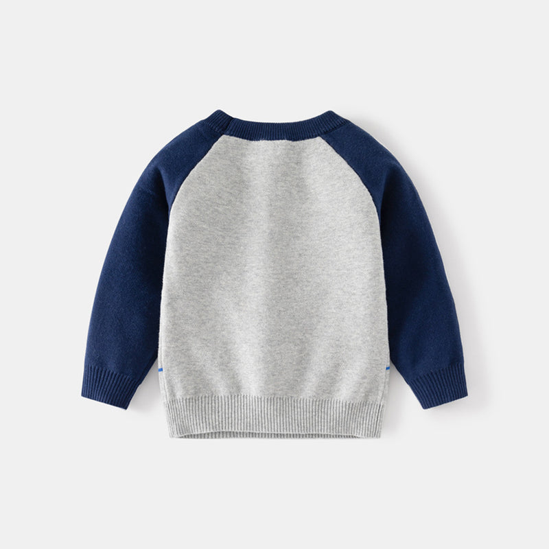 Boys Grey Regular Sweater With Self-Design Crane Patterns Sweaters & Cardigans