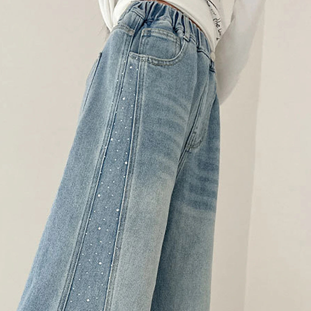 Girls Blue Embellished Relaxed Fit Denim Jeans Pants