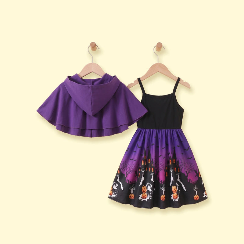 Girls Purple Halloween Pumpkin Print Dress with Hooded Cape Casual Dresses