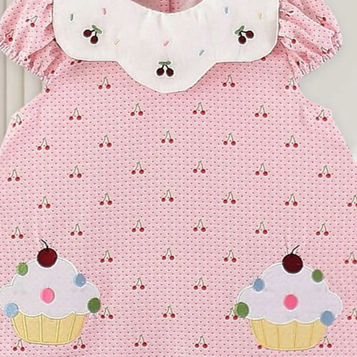 Girls Pink Cherry Printed Puff Sleeve A-line Dress Casual Dresses