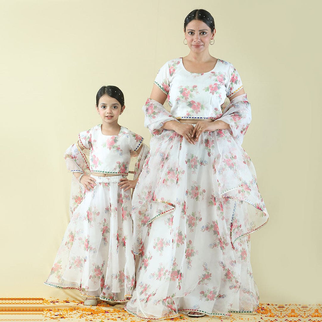 White Printed Organza Mom & Daughter Lehenga Choli Set