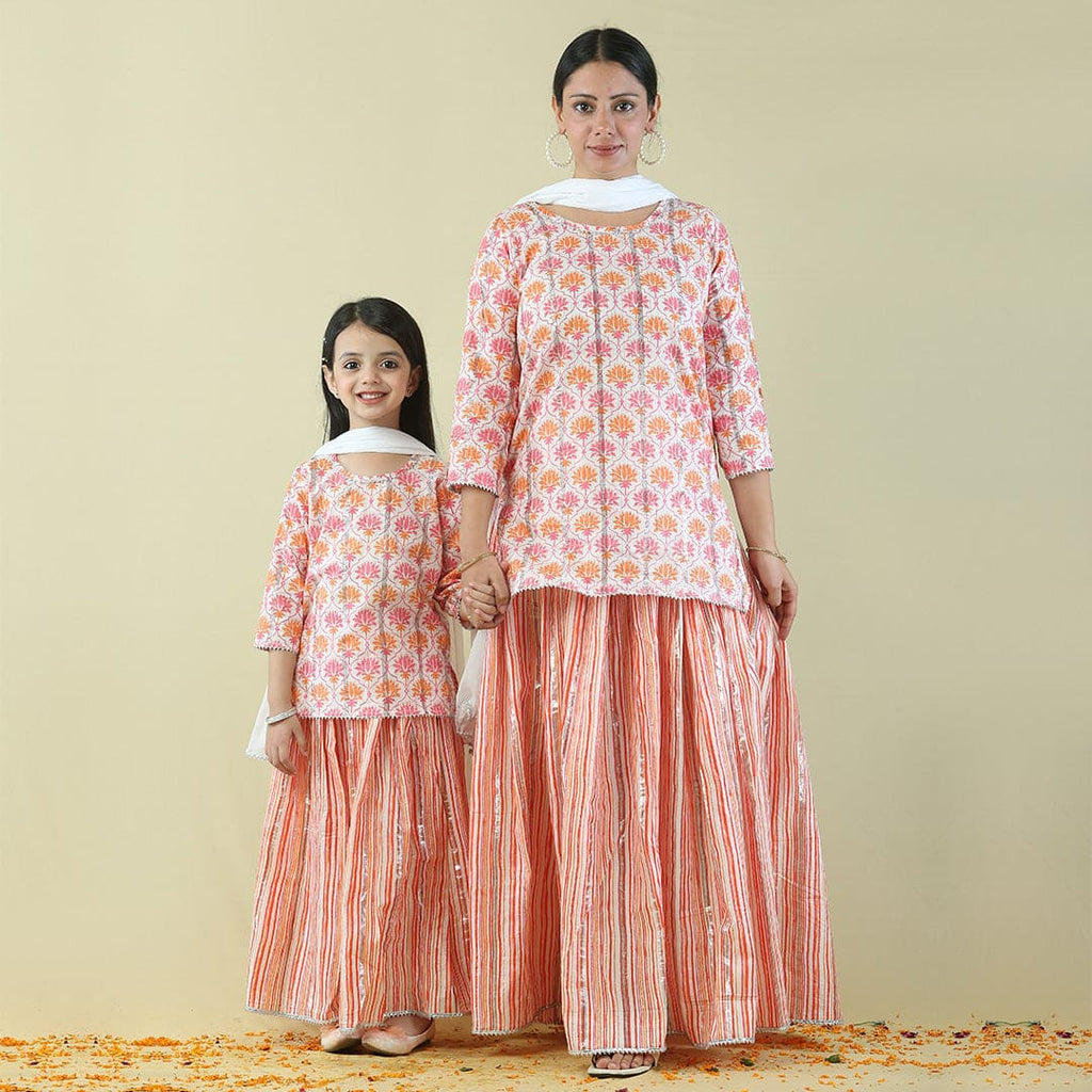 Peach-White Printed Mom & Daughter Kurta-Lehenga Set