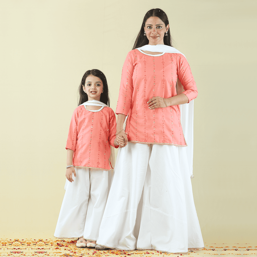 Peach-White Embroidered Mom & Daughter Kurta-Sharara Set