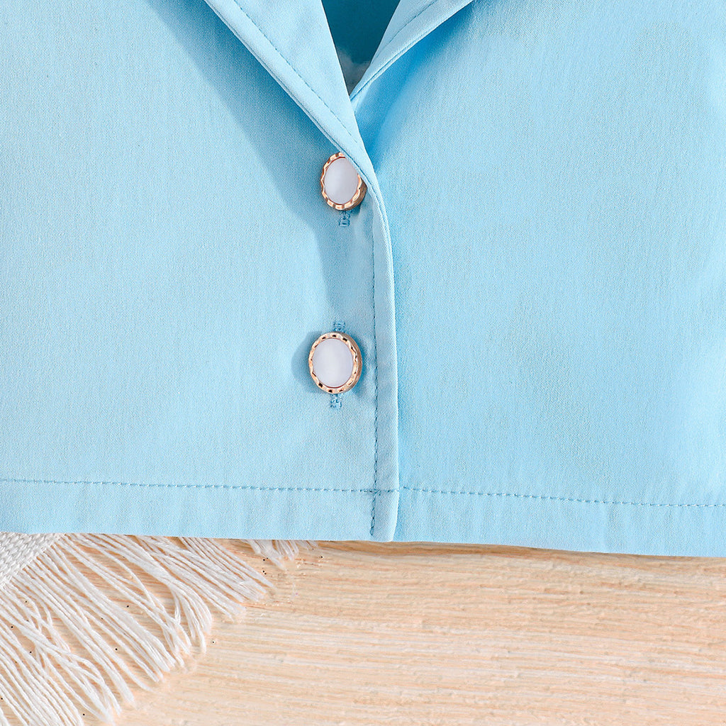 Girls Light Blue Waistcoat with Spaghetti Top & Tiered Ruffle Shorts Set 3 pc. Sets