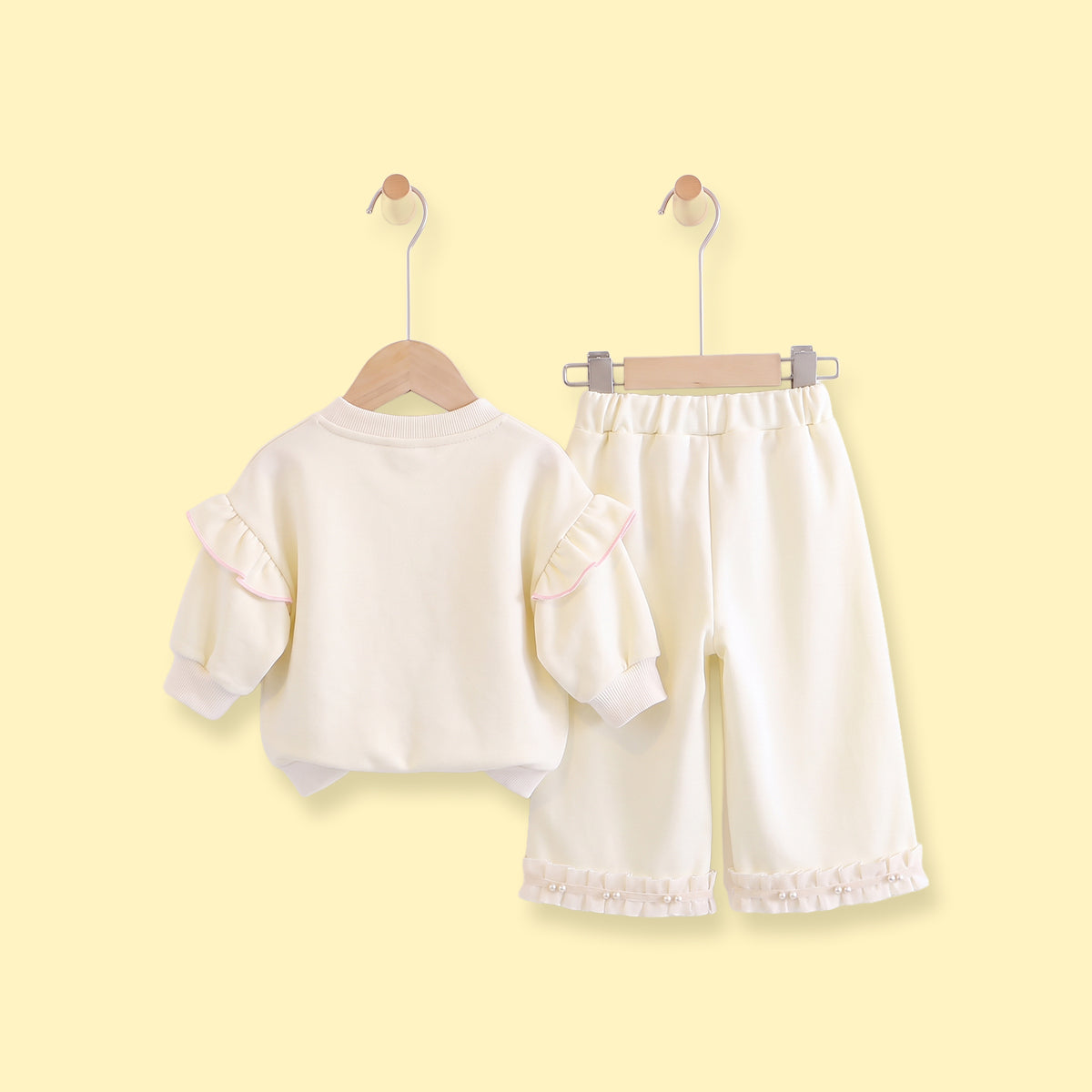 Girls Cream Embellished Sweatshirt & Pants Sets Sets