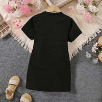 Girls Black Heart Print Short Sleeve T-Shirt Dress Casual Dresses