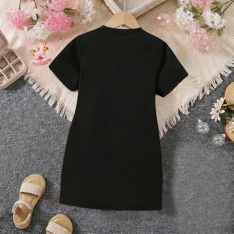 Girls Black Heart Print Short Sleeve T-Shirt Dress Casual Dresses