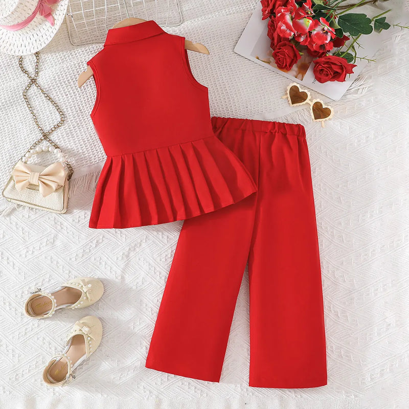 Girls Red Sleeveless Blazer Top With Wide Leg Pants Co-ord Sets Sets