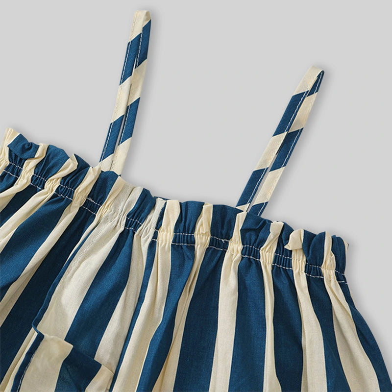 Girls Blue Striped Ruffle Tank Top With Elasticated Pants Sets Sets