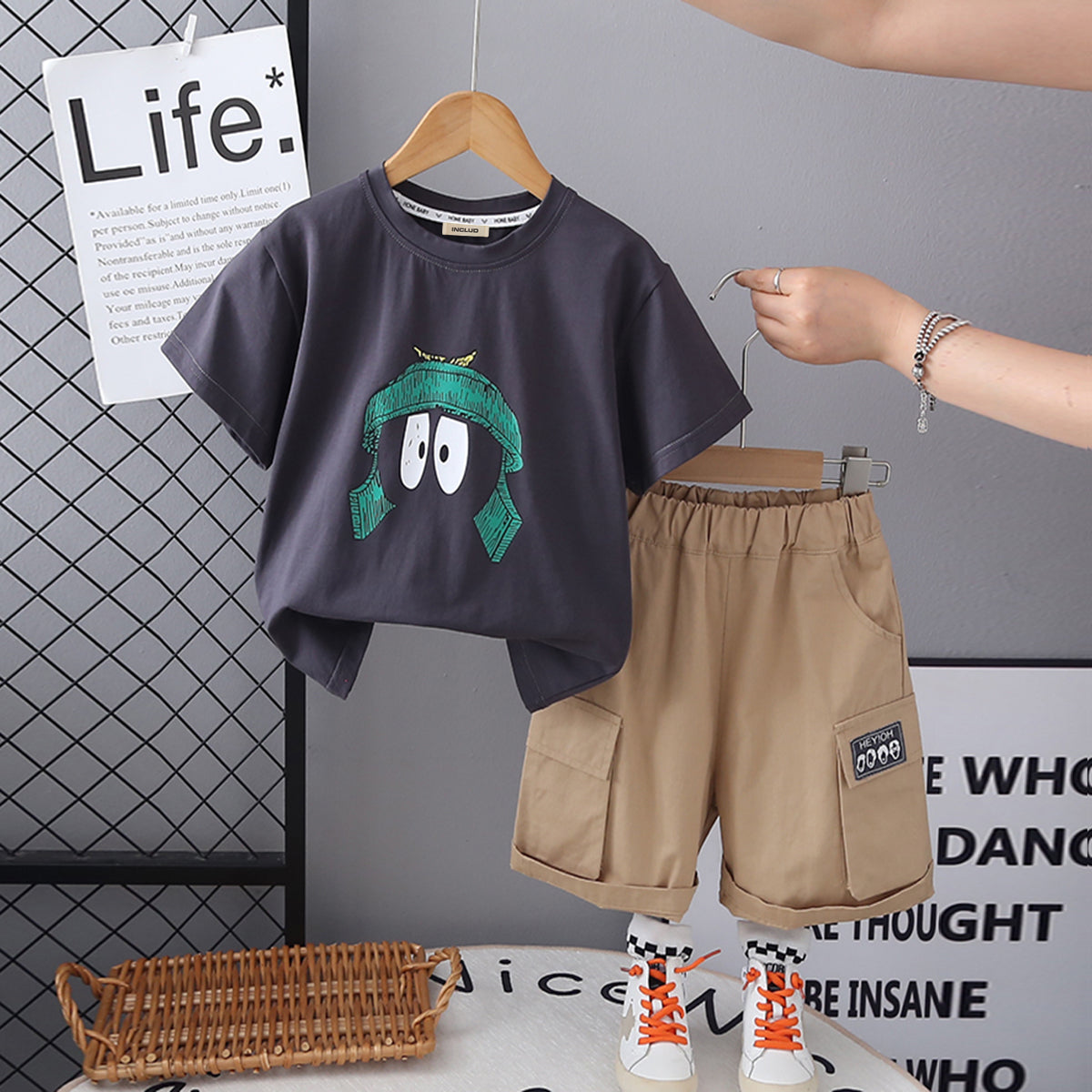 Boys Dark Grey Graphic Printed Short Sleeves T-Shirt With Cargo Shorts Set 2 pc. Sets