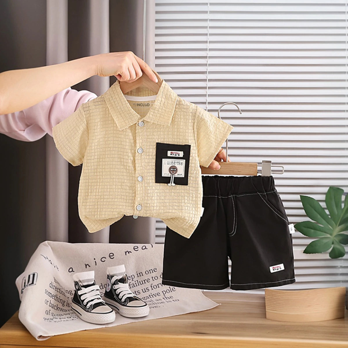 Boys Yellow Checked Short Sleeves Shirt With Denim Shorts Set Sets Yellow 1-2 Y