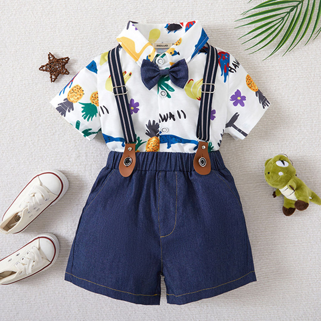 Boys White Pineapple Printed Short Sleeve Shirt With Suspender Shorts Set 2 pc. Sets White 1-2 Y