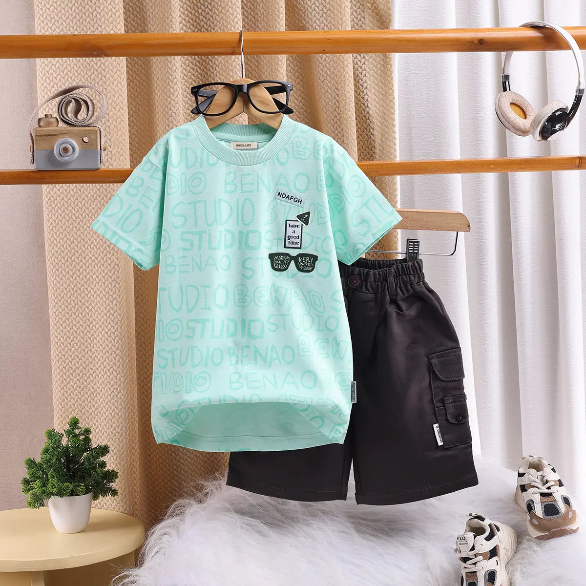 Boys Green Typographic Printed T-Shirt With Twill Shorts Sets 2 pc. Sets Green 2-3 Y