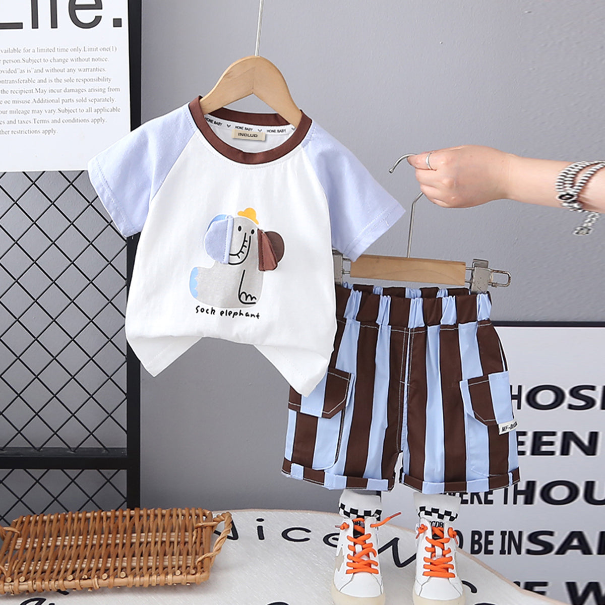 Boys Light Blue Elephant Printed Raglan Sleeves T-Shirt With Striped Shorts Set 2 pc. Sets Light Blue 1-2 Y