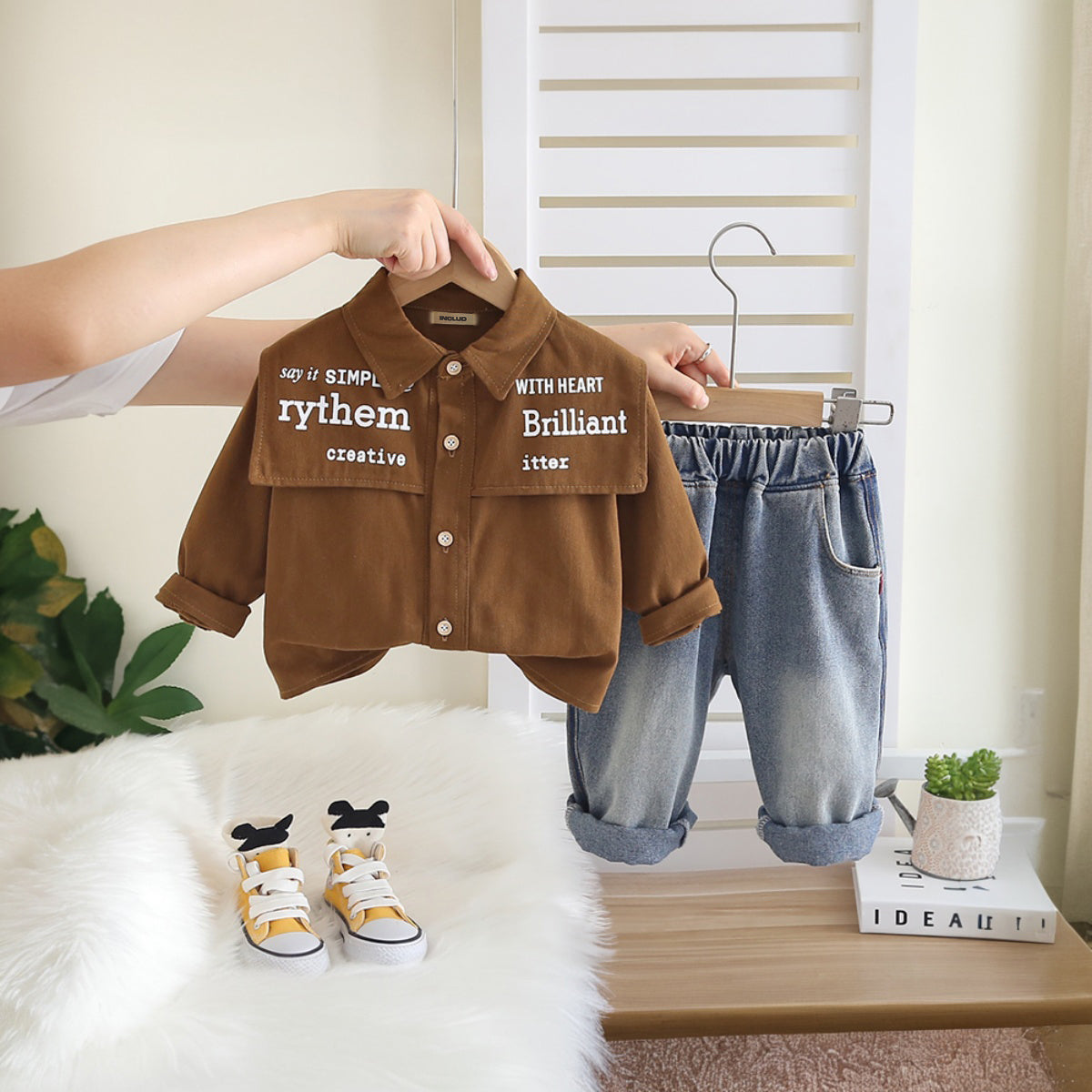 Boys Brown Typographic Printed Shirt With Denim Pants Set 2 pc. Sets Brown 1-2 Y