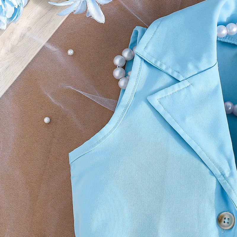 Girls Light Blue Sleeveless Blazer Dresses With Tulle Ruffles Hem Casual Dresses