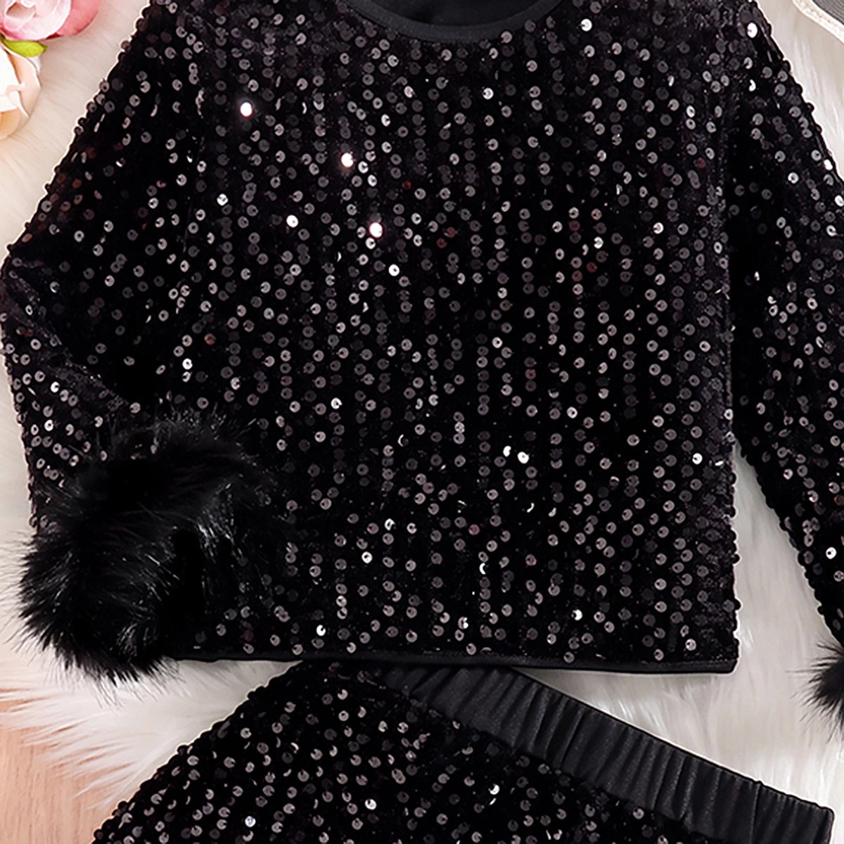 Girls Black Sequins Embellished Top With Skirt Sets 2 pc. Sets
