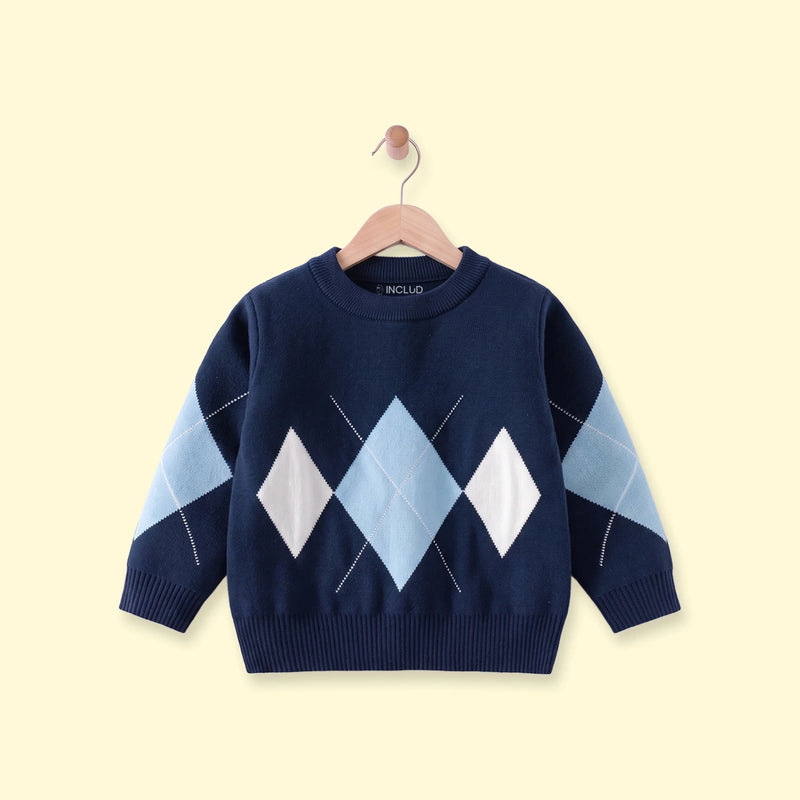 Boys Navy Blue Diamond Jacquard Long Sleeve Sweater Sweaters & Cardigans Navy Blue 1-2 Y