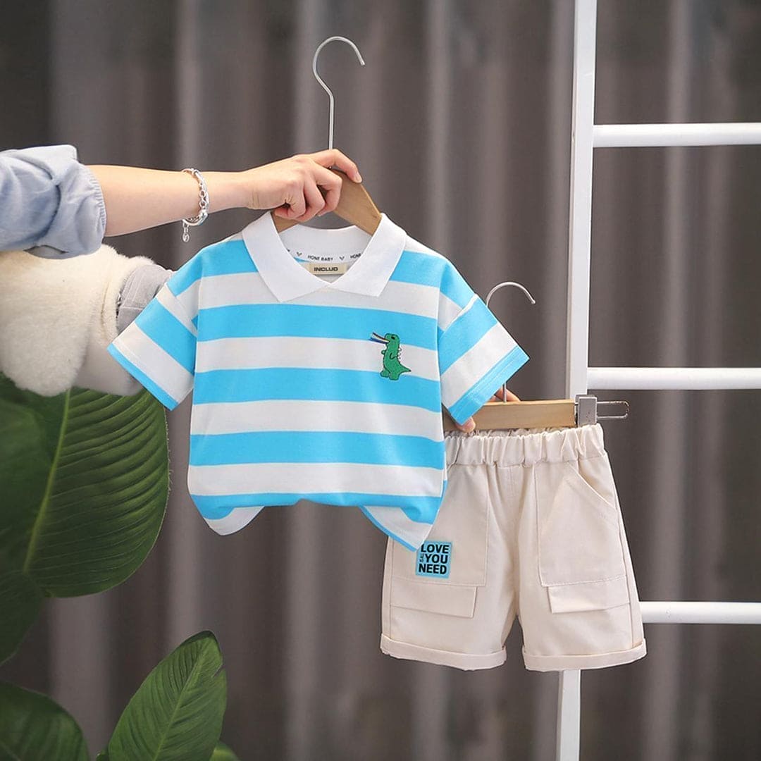 Boys Blue Dinosaur Printed Polo T-Shirt With Shorts (Copy) 2 pc. Sets Blue 1-2 Y