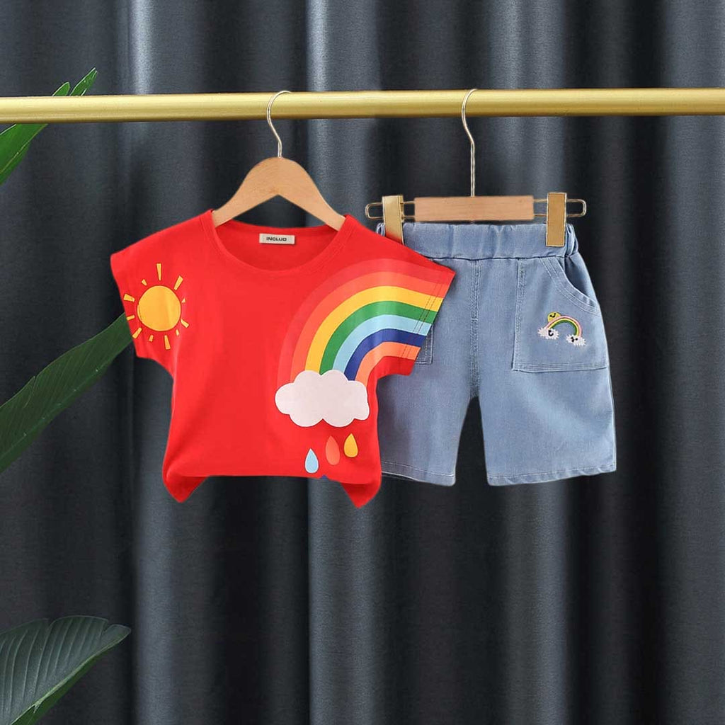 Girls Rainbow Print T-shirt with Shorts Set