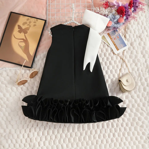 Girls Black Sleeveless A-line Party Wear Dress With Bow Applique Party Dresses