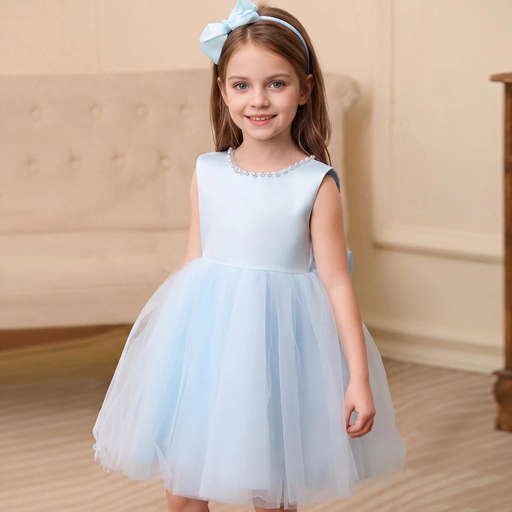 Girls Light Blue Beaded Neck Sleeveless Fit & Flare Party Wear Dress Party Dresses Light Blue 2-3 Y