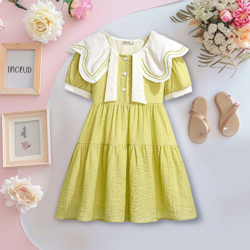 Girls Short Sleeve Peter Pan Big Collar Dress Casual Dresses Yellow 4-5 Y 