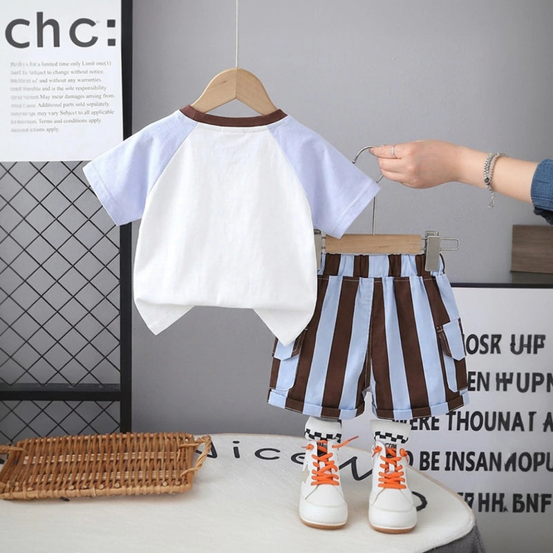 Boys Light Blue Elephant Printed Short Sleeve T-Shirt With Striped Shorts Sets 2 pc. Sets