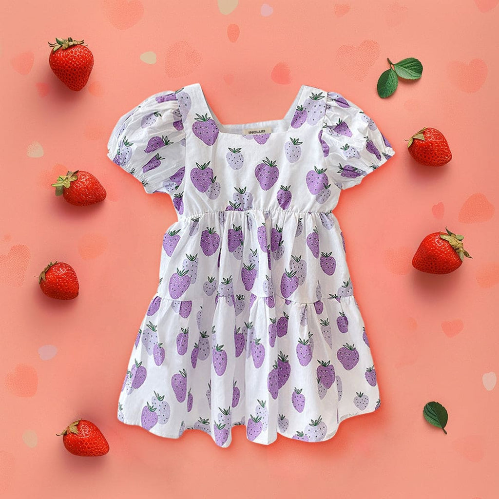 Girls Strawberry Print Tiered Casual Dress