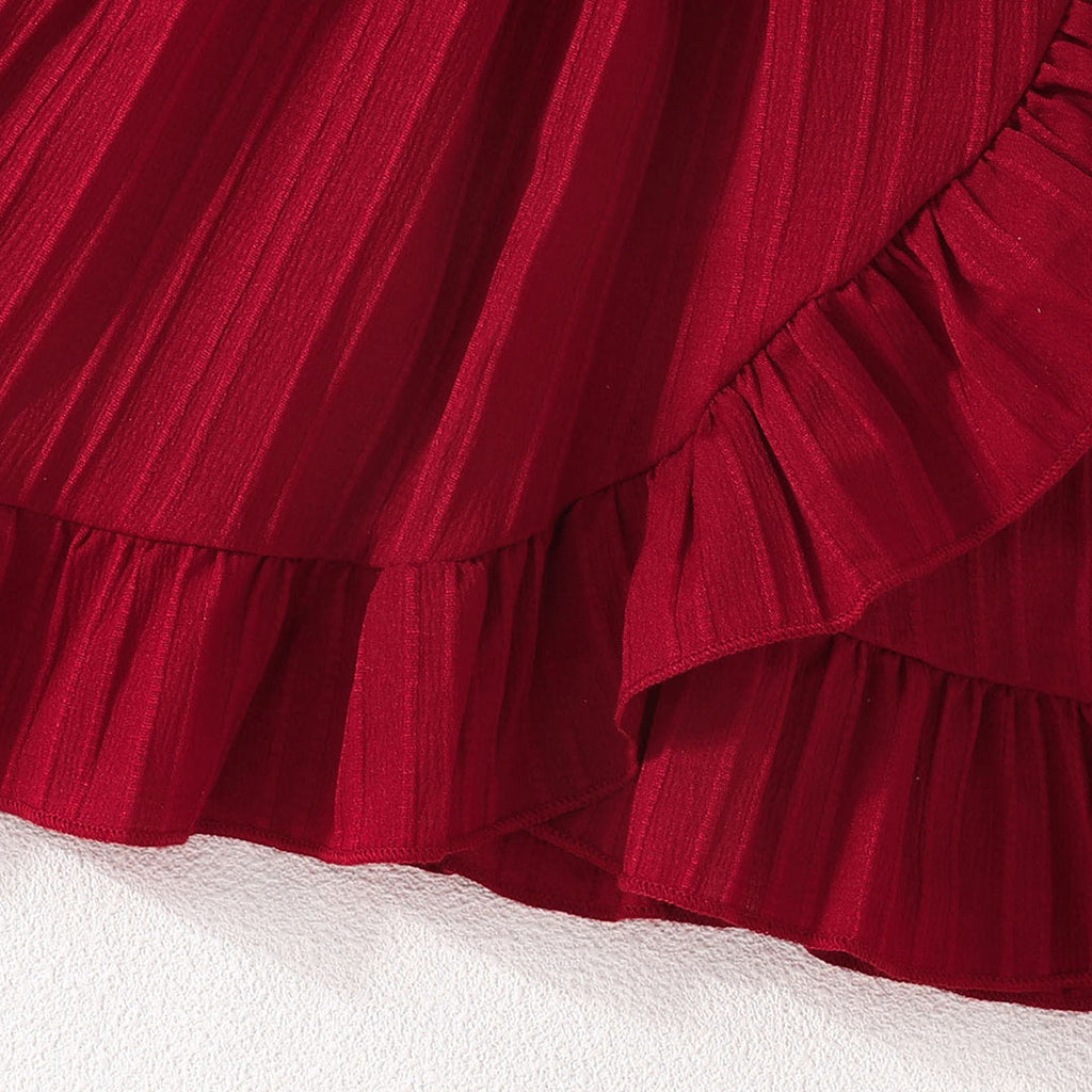 Girls Maroon Flutter Sleeves Bottom Ruffled Fit & Flare Dress Casual Dresses