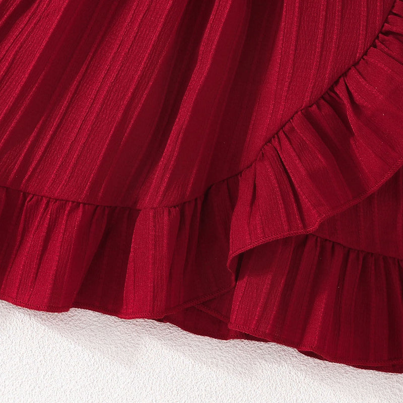 Girls Maroon Flutter Sleeves Bottom Ruffled Fit & Flare Dress Casual Dresses