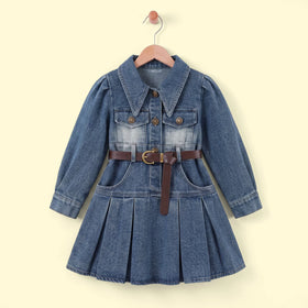 Girls Blue Denim Pleated A-line Dress Casual Dresses Blue 1-2 Y