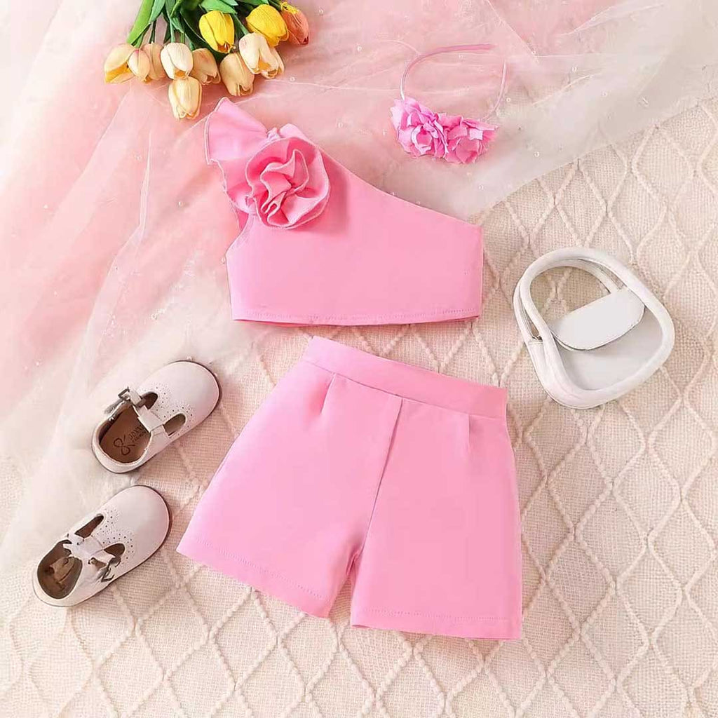 Girls Pink One Shoulder Flower Applique Top With Shorts & Hairband Set 3 pc. Sets Pink 1-2 Y 