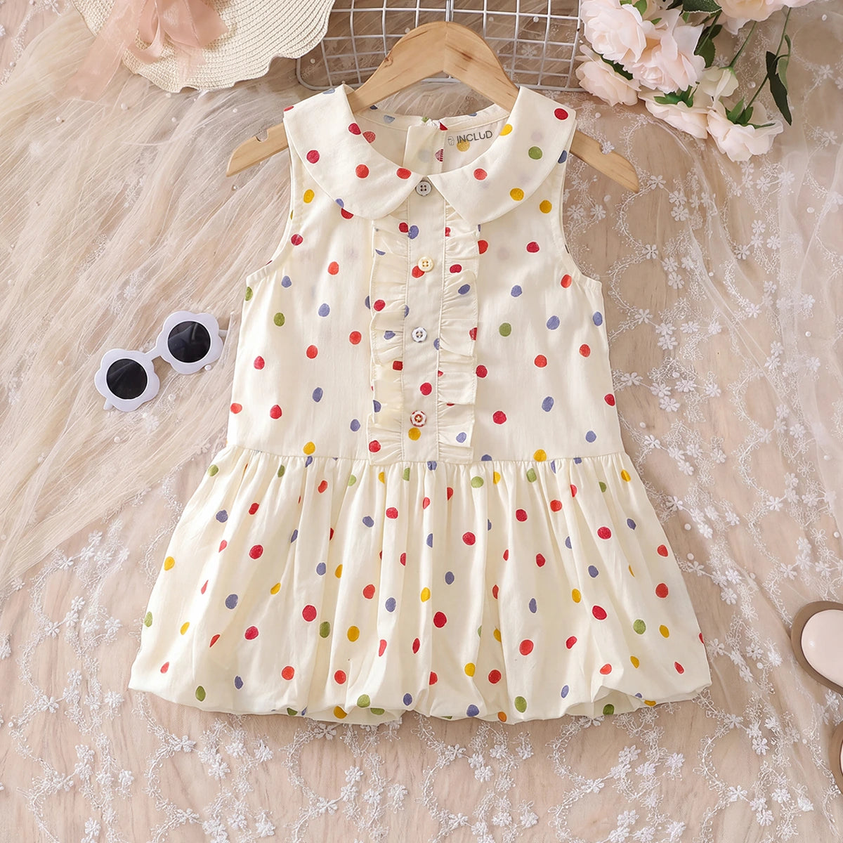 Girls Off White Polka Dot Print Peter Pan Collar Balloon Dress Casual Dresses Off White 1-2 Y