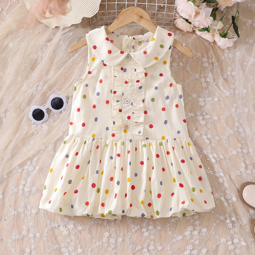 Girls Off White Polka Dot Print Peter Pan Collar Balloon Dress Casual Dresses Off White 1-2 Y