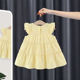 Girls Yellow Mushroom Applique Short Sleeve Tiered Dress Casual Dresses