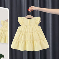Girls Yellow Mushroom Applique Short Sleeve Tiered Dress Casual Dresses