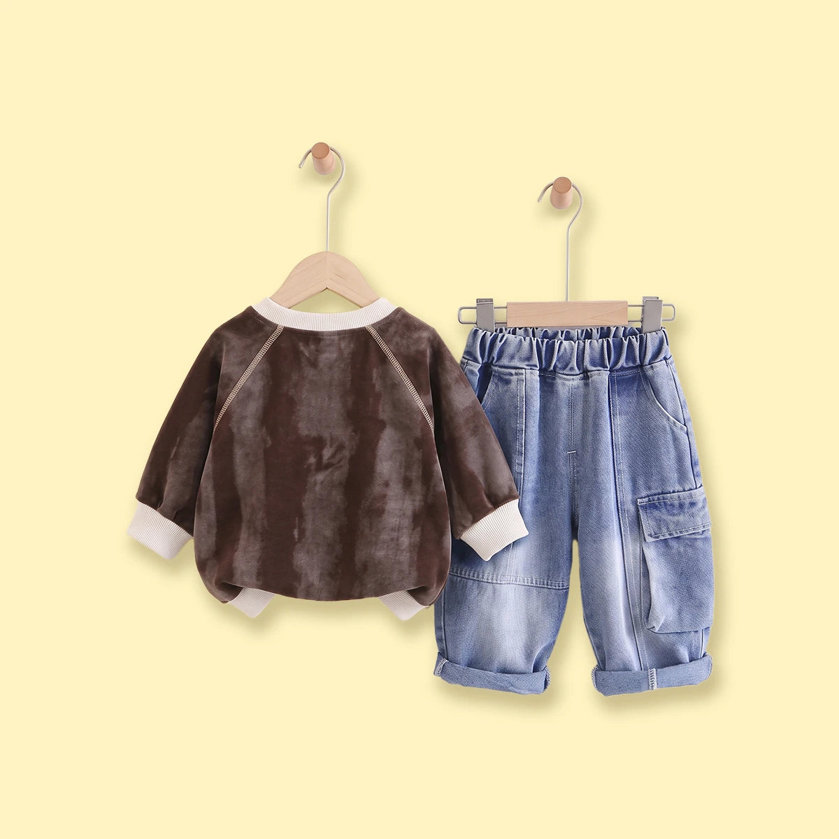 Boys Brown Typography Raglan Sleeve Sweatshirt With Denim Pants Sets 2 pc. Sets