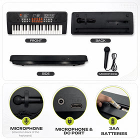 Young boy playing a black 37-key electronic piano keyboard with an attached microphone