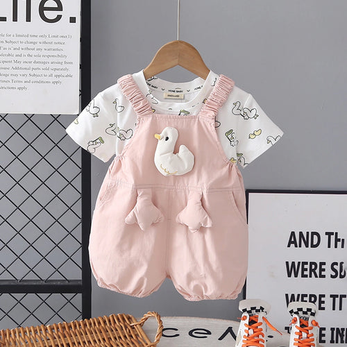Girls Pink Duck Applique Dungaree With Printed T-Shirt Set Sets Pink 1-2 Y