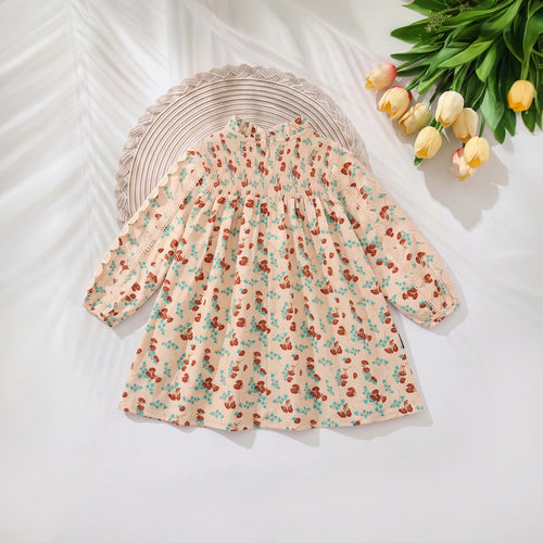 Girls Apricot Floral Ruffle Neck A-Line Dress Casual Dresses