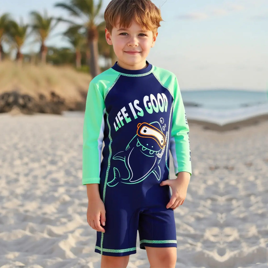 Boys Navy Blue Graphics Swimwear Bodysuit With Swim Cap Beachwear