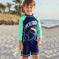 Boys Navy Blue Graphics Swimwear Bodysuit With Swim Cap Beachwear