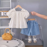 Girls White Polka Dot Print Top With Pleated Denim Shorts Set Sets